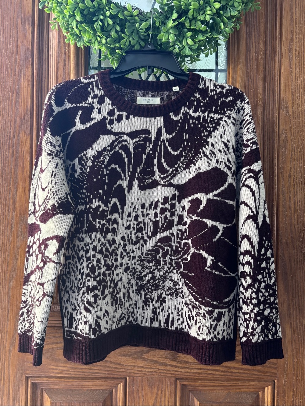 Billy Reid Graphic Jacquard Knit Sweater Burgundy-Cream Wool Blend Women’s XS
